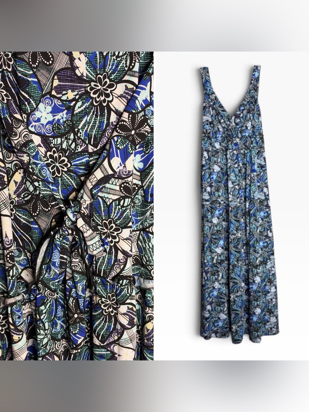 New Directions Large Blue Abstract Floral Maxi Dress Tie Waist V Neck